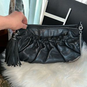 Anne Taylor LOFT Black Leather, Tassel Zipper & Metal Chain Shoulder Strap